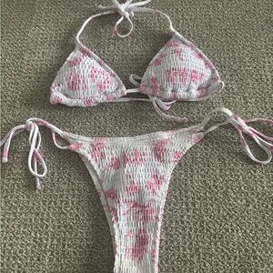 White & Pink Tie-Side Smocked Bikini